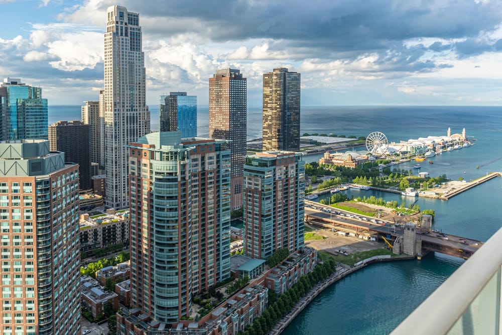 Coast at Lakeshore East Chicago, IL — leasing center exterior aerial photography by Delray Drones