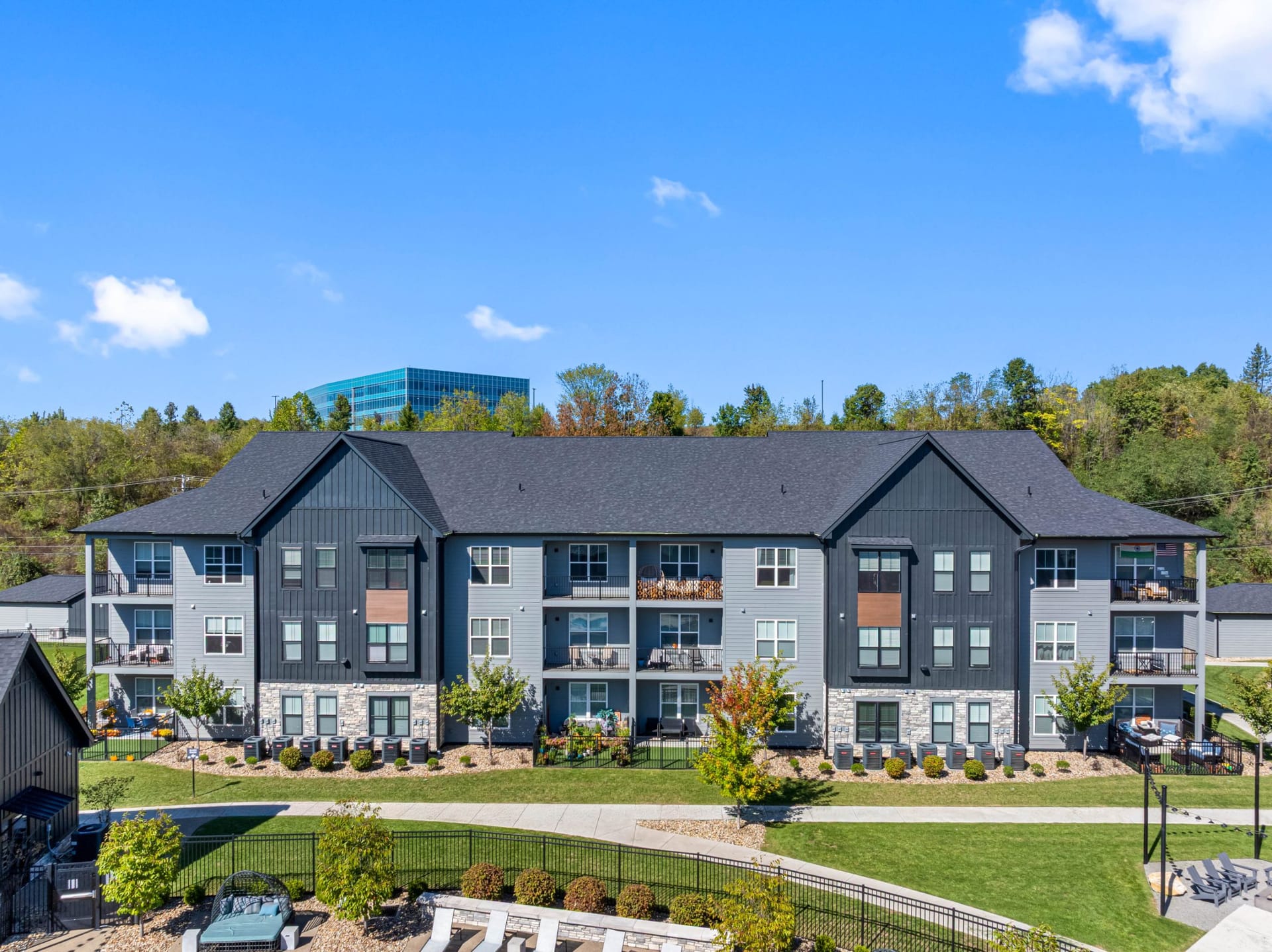 Prism At Diamond Ridge Moon Township, PA  — leasing center exterior aerial photography by Delray Drones