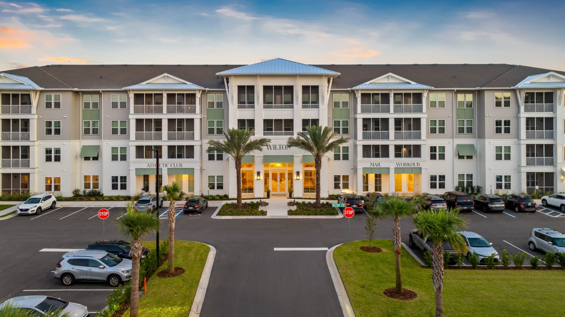 The Wilton Palm Coast, FL — leasing center exterior aerial photography by Delray Drones