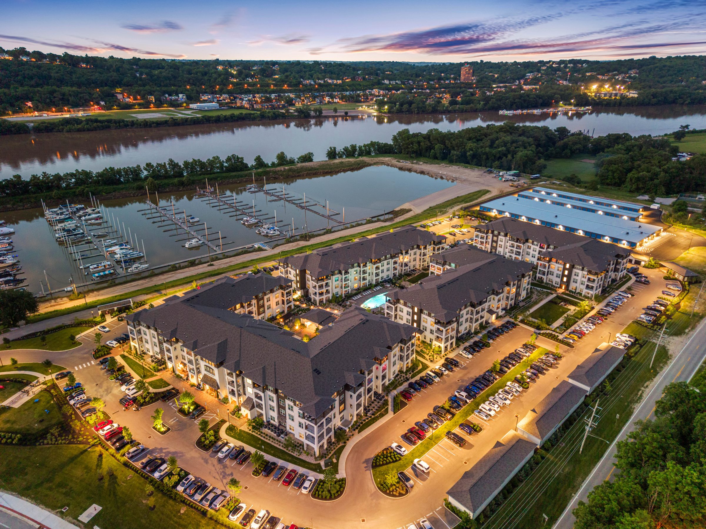Velo Riverside Apartments Dayton, KY — property exterior aerial photography by Delray Drones