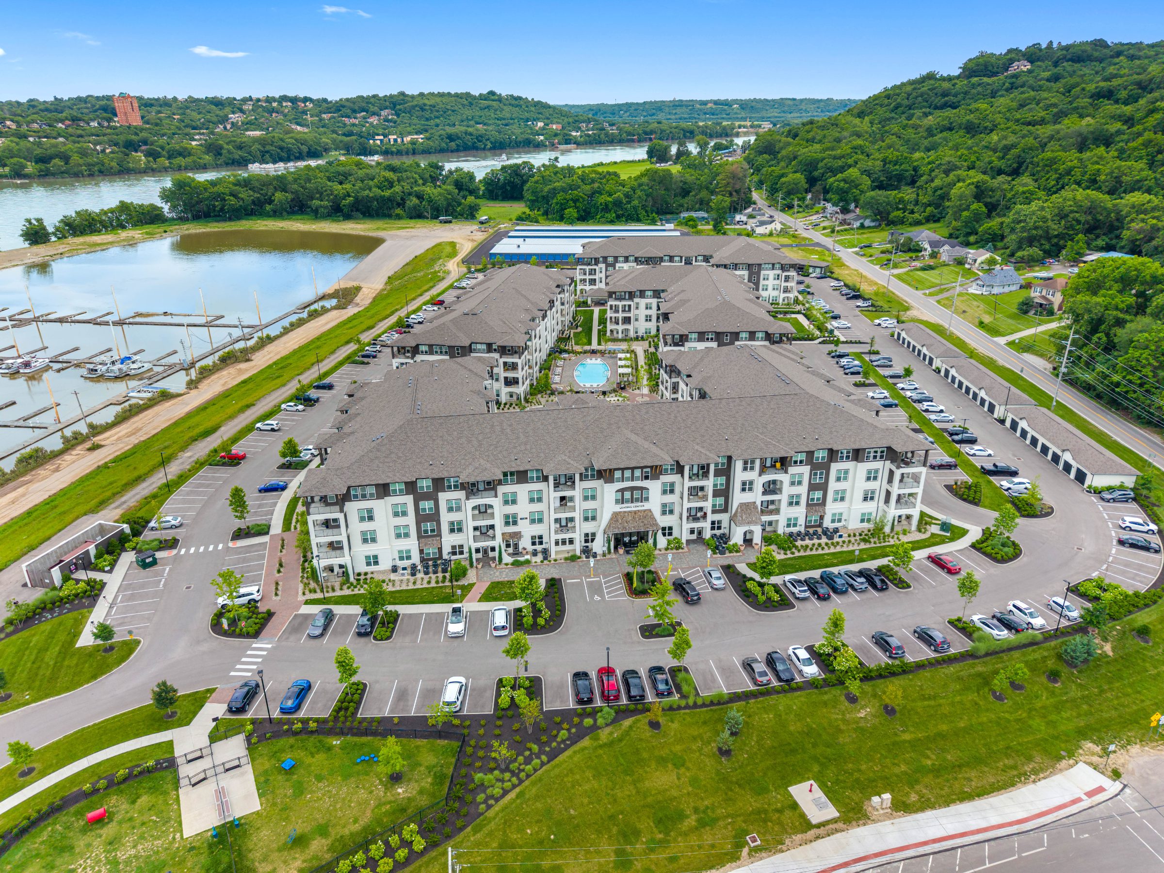 Velo Riverside Apartments Dayton, KY — site context aerial photography by Delray Drones