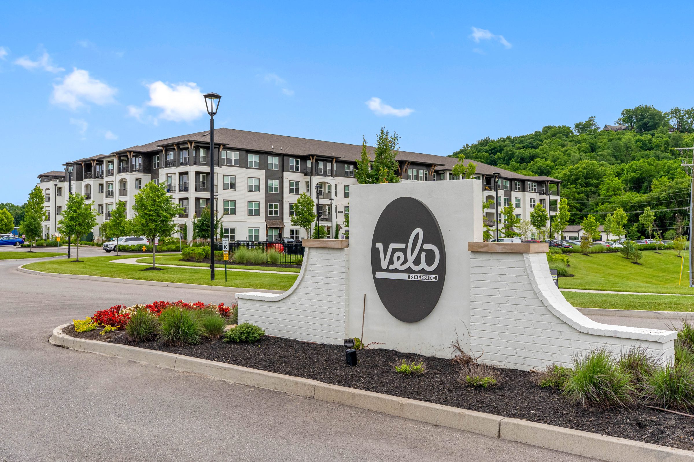 Velo Riverside Apartments Dayton, KY — leasing center exterior aerial photography by Delray Drones