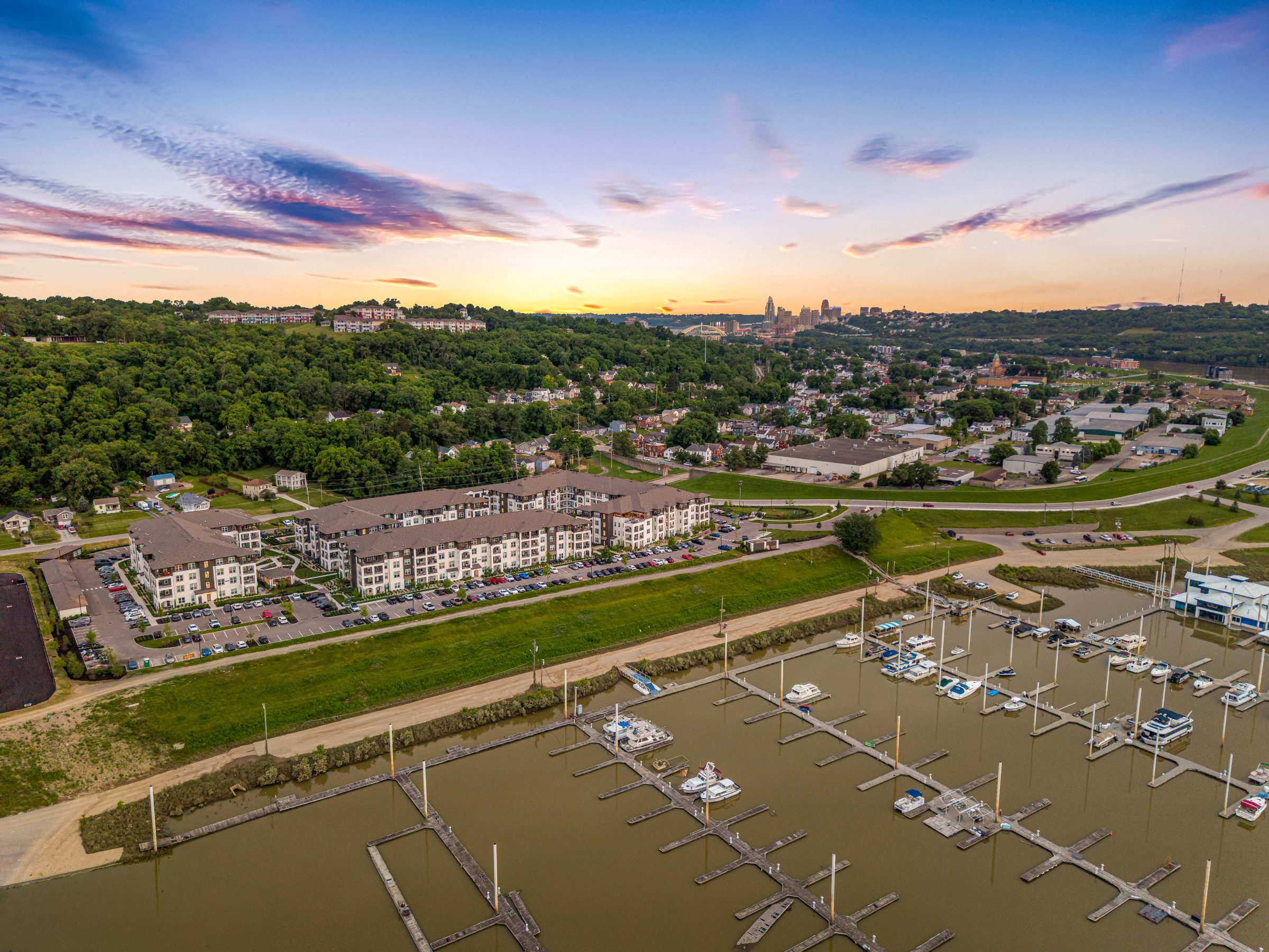Velo Riverside Apartments Dayton, KY — rooftop and skyline aerial photography by Delray Drones